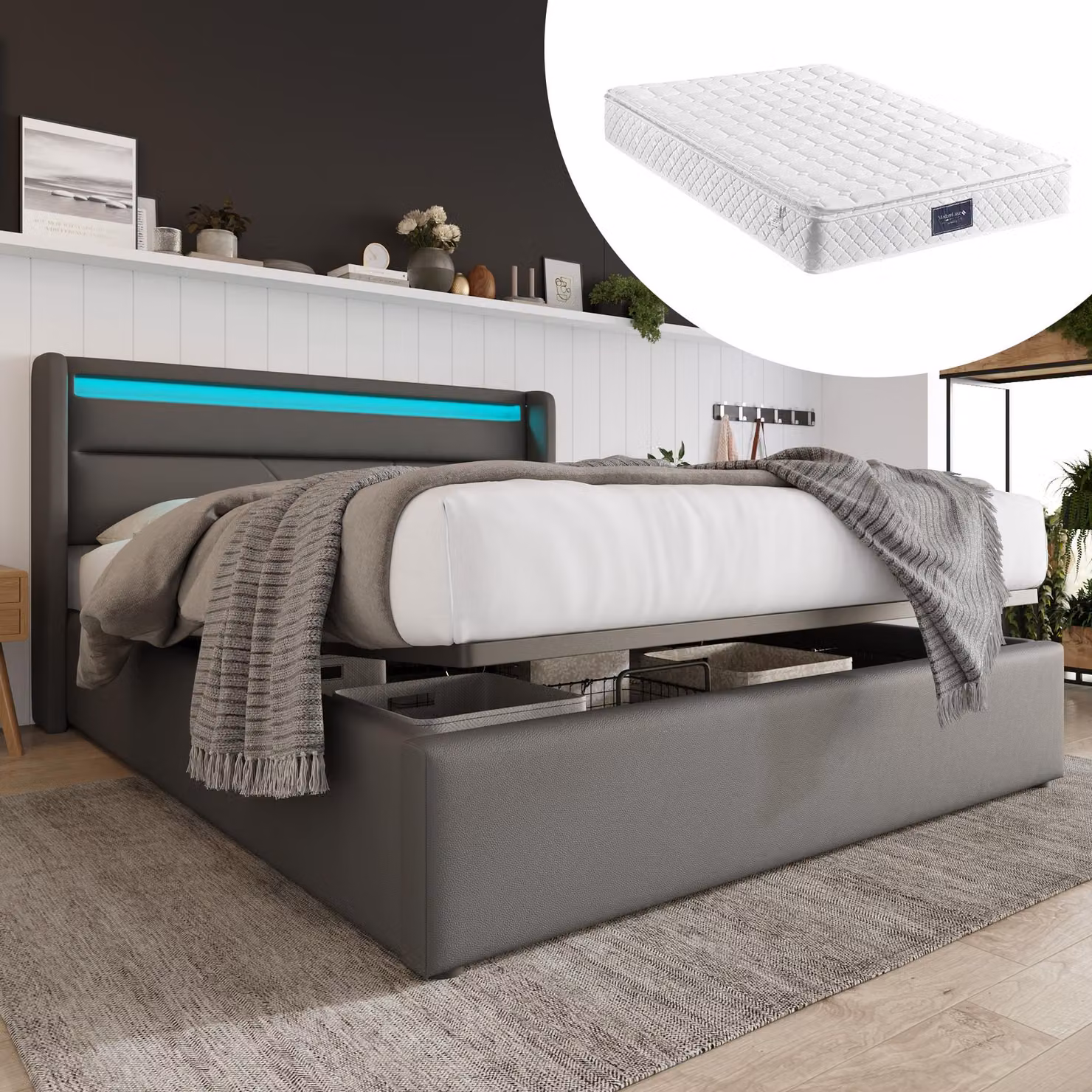 letto okwish LED - letto 140x200 cm - letto con contenitore idraulico - letto matrimoniale - letto imbottito - con griglia, contenitore e LED, grigio (con materasso)