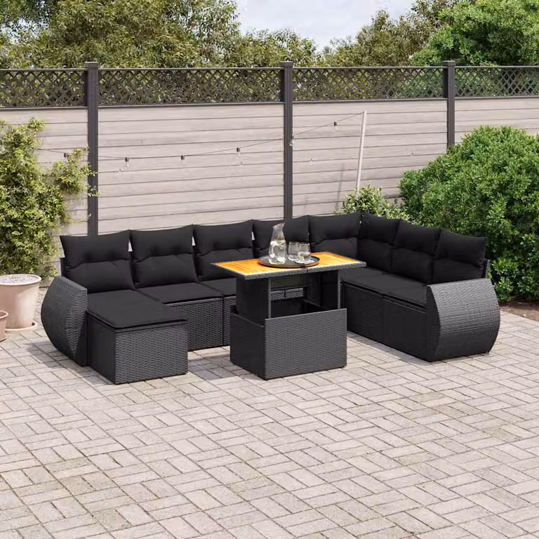 vidaXL Set Divani da Giardino a L 9 pz in Polyrattan Nero con Cuscini e Tavolino da Esterno