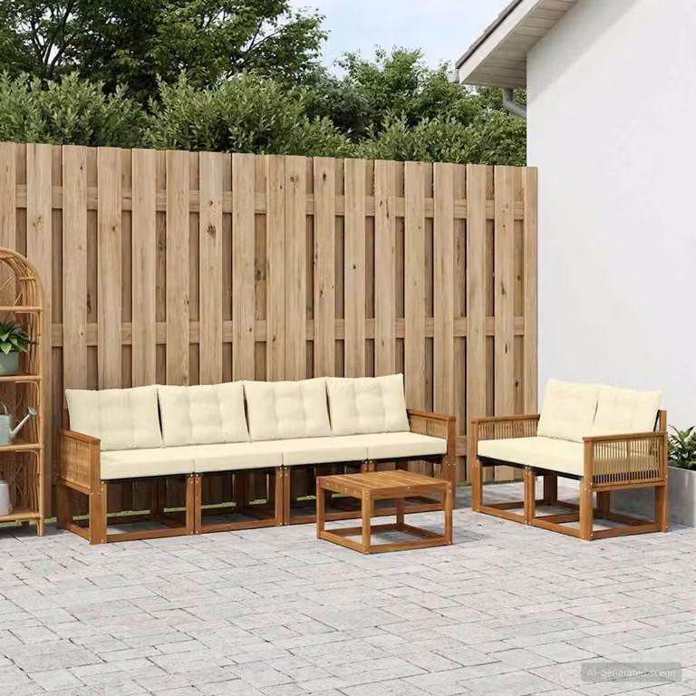 Set di divani da esterno vidaXL 7 pezzi in legno di acacia con tavolino e cuscini, colore beige e bianco