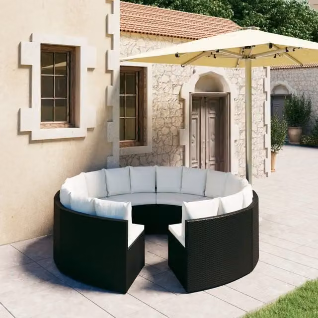 Set di Divani da Giardino a Forma di U con Cuscini vidaXL, 8 Pezzi, Colore Nero e Bianco con Struttura in Metallo e Polyrattan