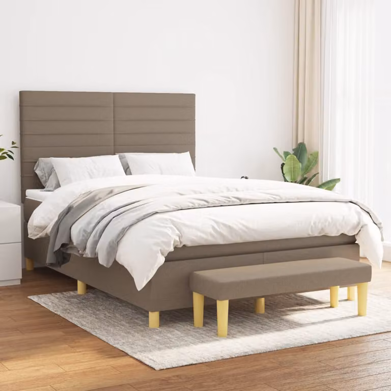 vidaXL Letto Ibrido con Giroletto a Molle e Materasso in Tessuto Beige e Bianco L/P/H: 203 x 144 x 128 cm