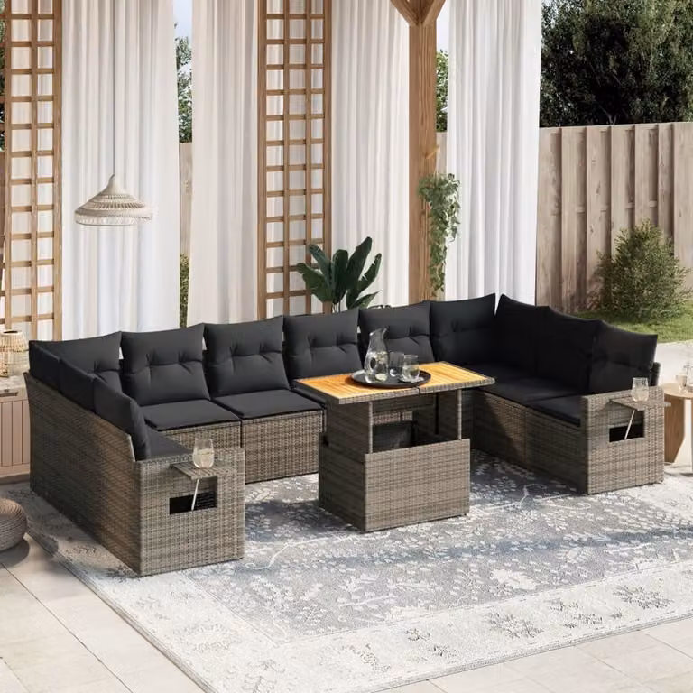 vidaXL Set Divani da Giardino 11 pz in Polyrattan Grigio con Cuscini e Tavolino