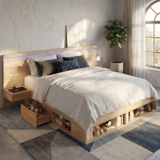 Letto matrimoniale 180x200 cm con contenitore, cassetti, due comodini integrati, LED e prese USB