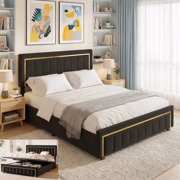 Letto con boxspring 160x200 cm, con sistema di sollevamento idraulico e contenitore, struttura imbottita con rete a molle, letto matrimoniale per ragazzi, tessuto velluto, colore nero