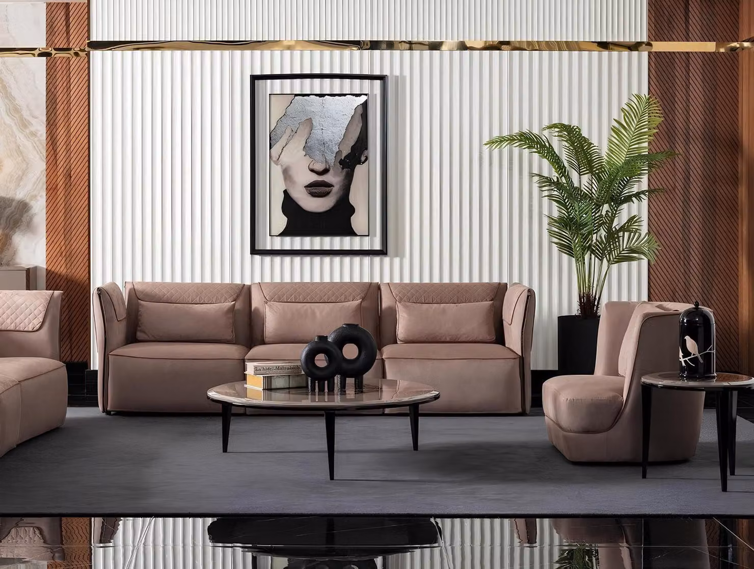 Modern beige Textilsofa und Sessel im Wohnzimmer Set