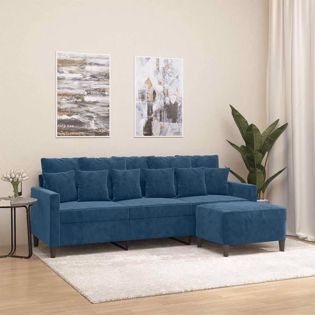 vidaXL Divano a 3 Posti in Velluto Blu con Poggiapiedi Coordinato per Soggiorno L: 198 cm, P: 80 cm, H: 77 cm – 1