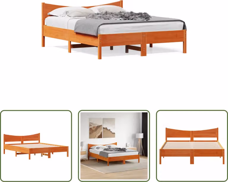 The Living Store Letto in legno massiccio con testiera marrone cera 150x200 cm pino