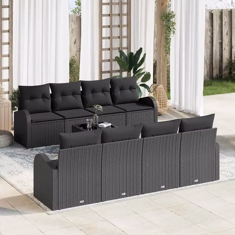 Set Divano da Giardino vidaXL a forma a U in Polyrattan Nero con 9 Pezzi e Tavolino da Caffè