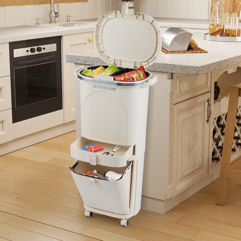 Cestino per la raccolta differenziata Costway da 42L con coperchio a ribalta e 2 secchi interni rimovibili, Beige