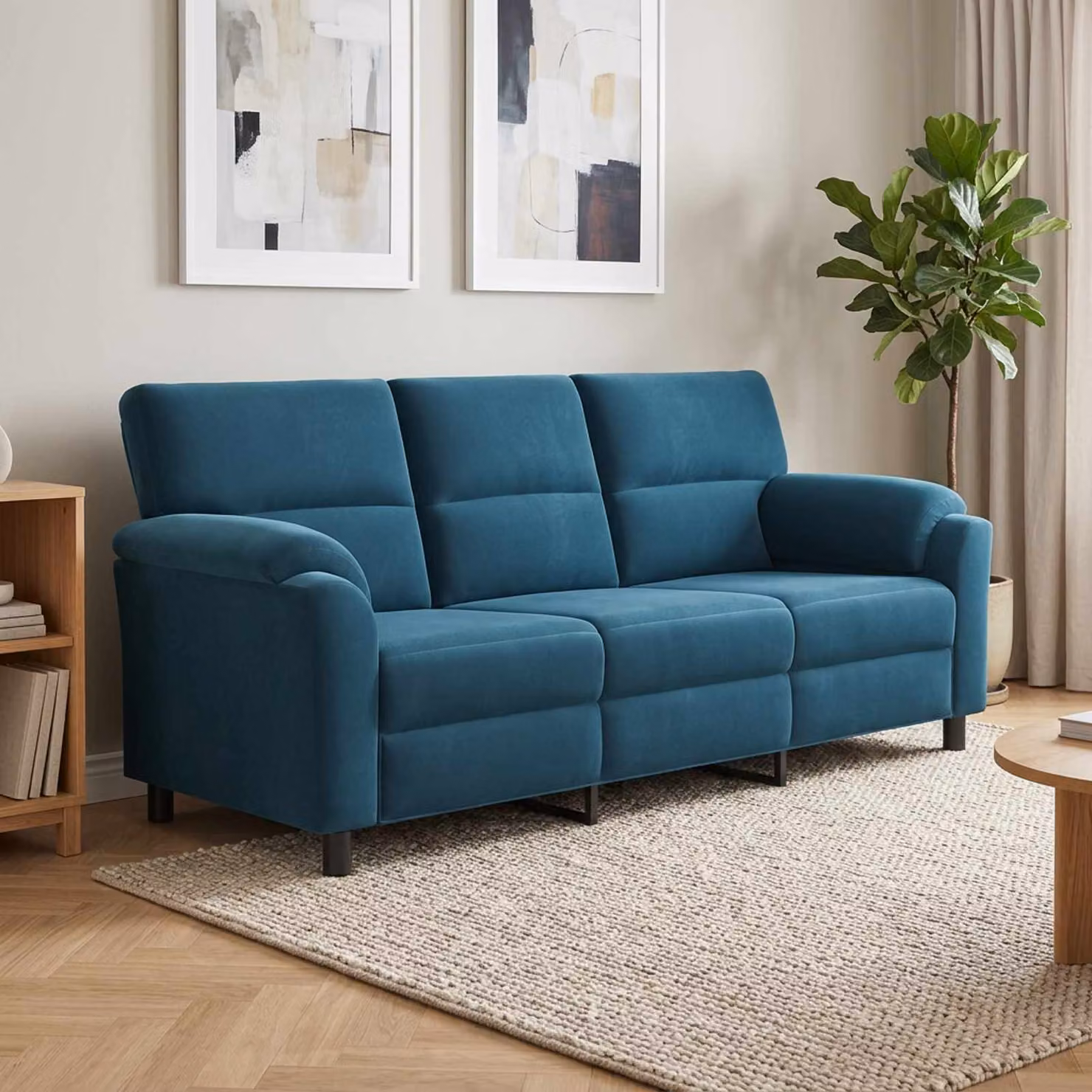 Divano moderno vidaXL in velluto blu con struttura in metallo, L: 214 cm, P: 85 cm, H: 93 cm