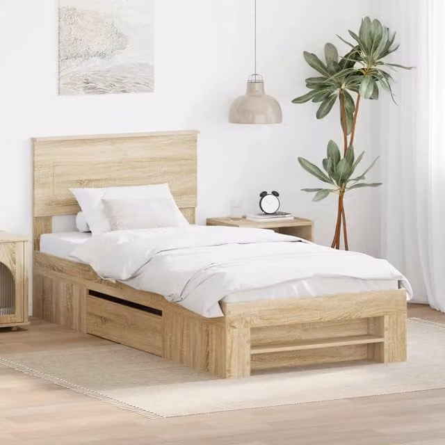 Struttura del letto con testiera vidaXL in legno color rovere, L 90 x P 200 cm