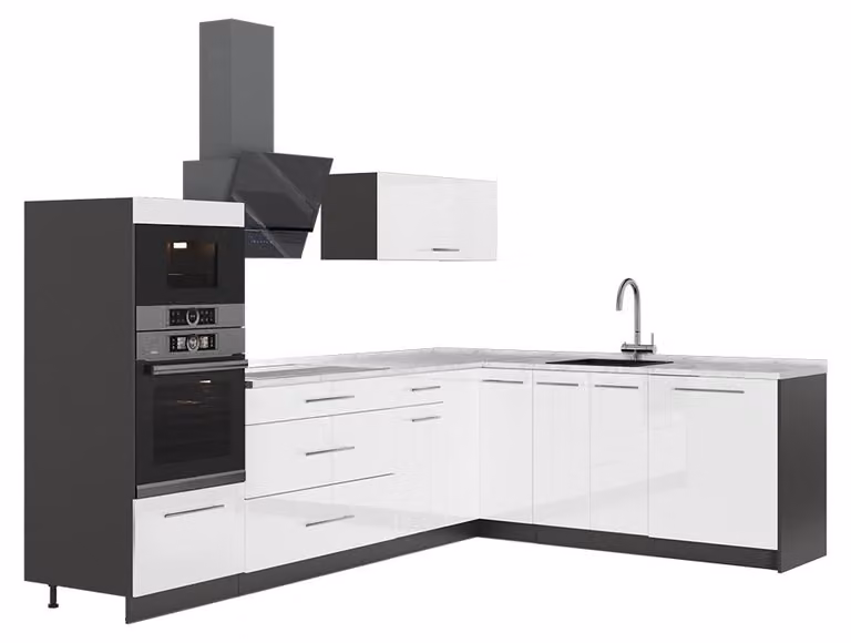 Cucina angolare completa Vicco Fame-Line Bianco lucido/Antracite 287 x 207 cm, PL Marmo, Model 63483