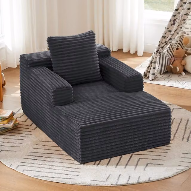 Divano Chaiselongue REDOM in velluto a coste Grigio, modello moderno con funzione letto e cuscini inclusi