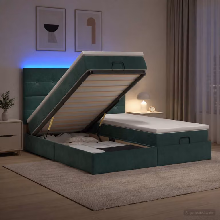 Letto Ottomano vidaXL con Materasso Ibrido, Illuminazione LED Sotto il Letto e Porte USB, Rivestimento in Velluto Verde Scuro, L/P/H: 203 x 160 x 88 cm