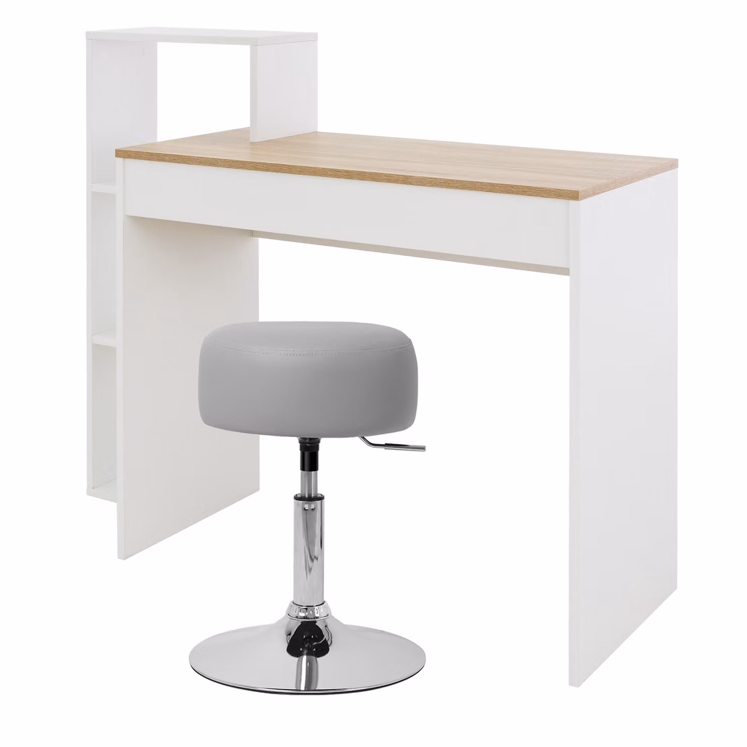ML-Design scrivania con sgabello, bianco/rovere di Sonoma, scrivania per computer con ripiano, sgabello imbottito grigio chiaro, Ø33cm girevole e regolabile in altezza