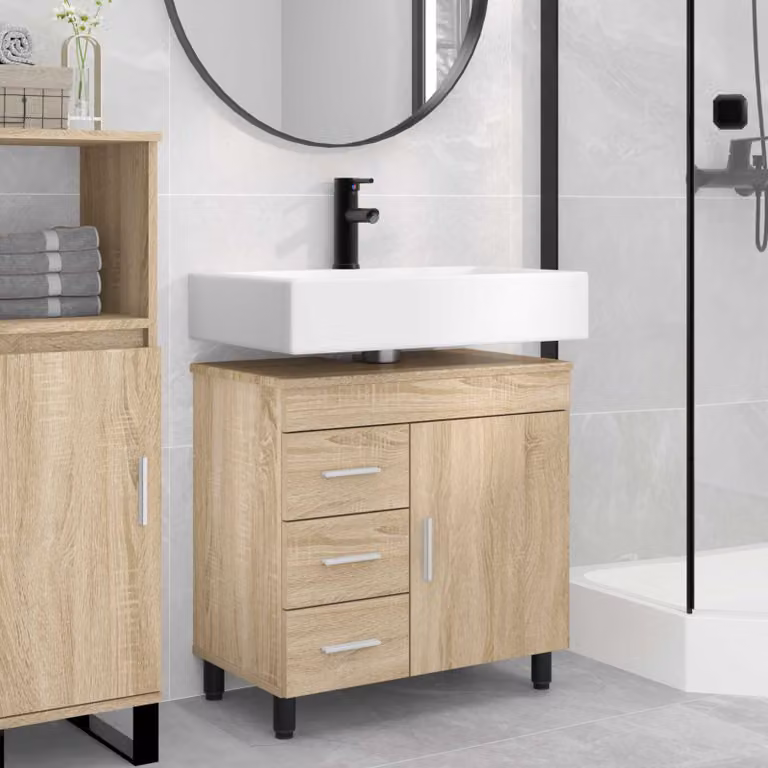 Mobiletto da bagno moderno vidaXL in rovere con ante e ripiani, L 60 x P 35 x H 60 cm