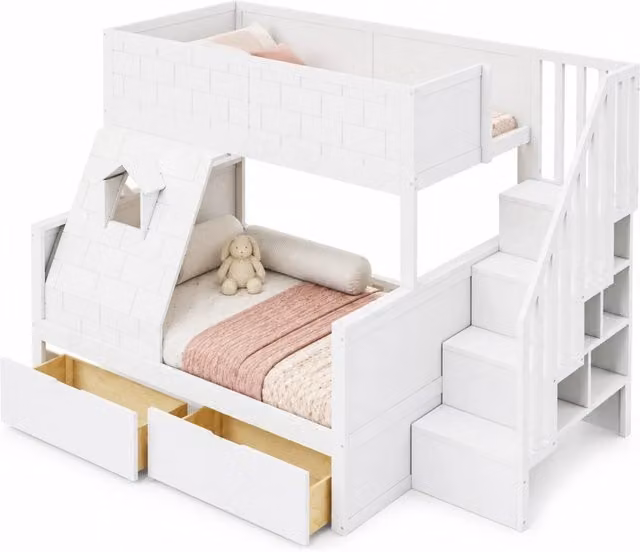 Letto a castello per bambini 90x200/140x200 cm con scala contenitore; bianco