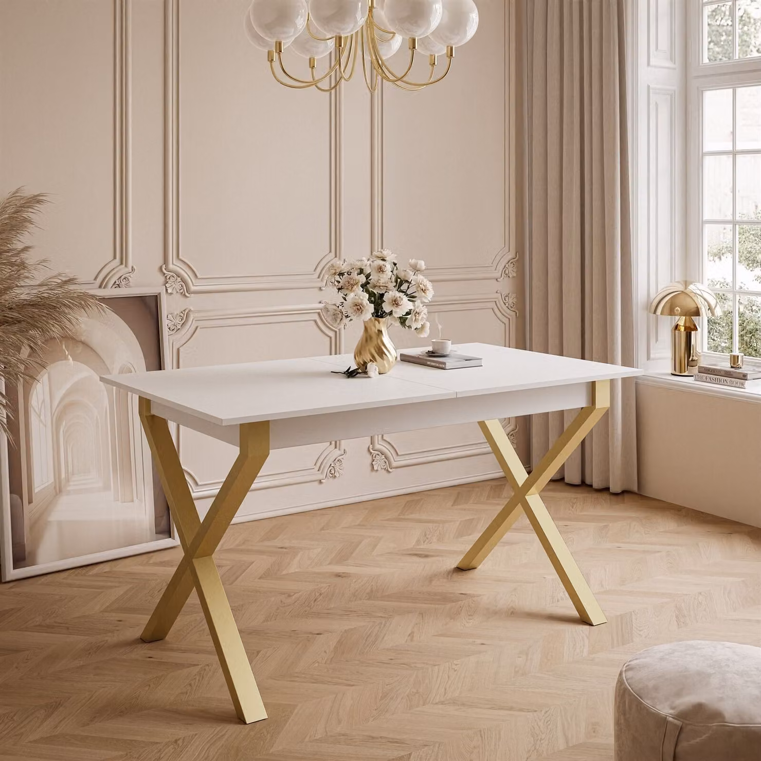 ARTON GOLD II Tavolo pieghevole 140 cm Bianco - Gambe in metallo X