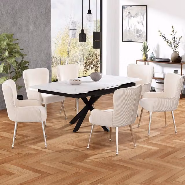 Sedie da Pranzo con Braccioli Set 6 Pezzi ¨C MINIMAL ¨C Velluto Beige, Gambe in Metallo