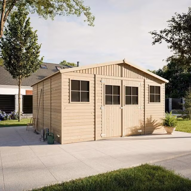 Casa da giardino in legno TIMBELA M330 grigio e beige H246 x L418 x P420 cm