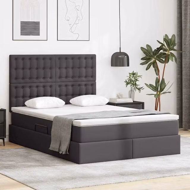 Letto con contenitore e LED Grigio 140 x 190 cm Pelle Sintetica 3372303