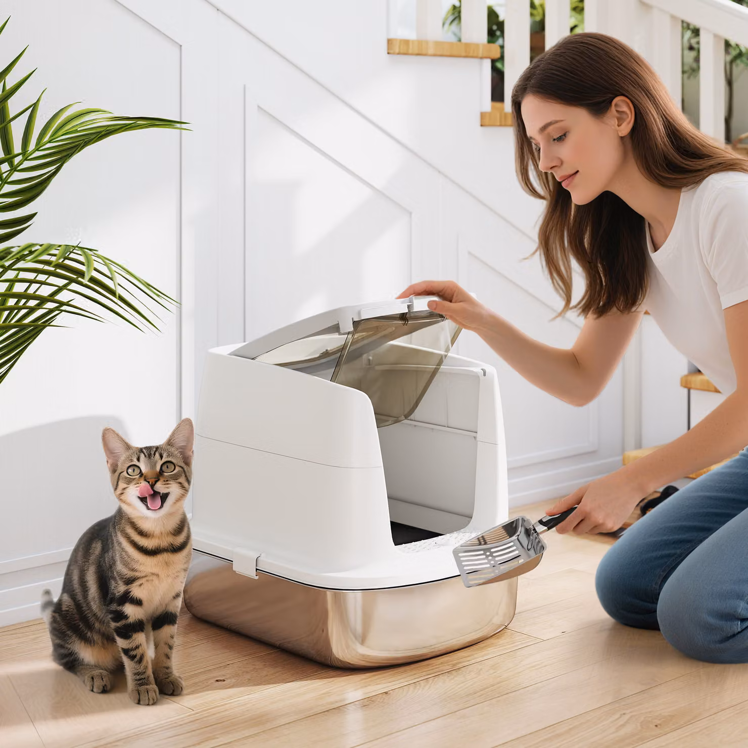 Lettiera per gatti chiusa PawHut con 2 ingressi, deodorante e paletta, Bianco, L: 52.4 cm, P: 41.3 cm, H: 39.8 cm – 2