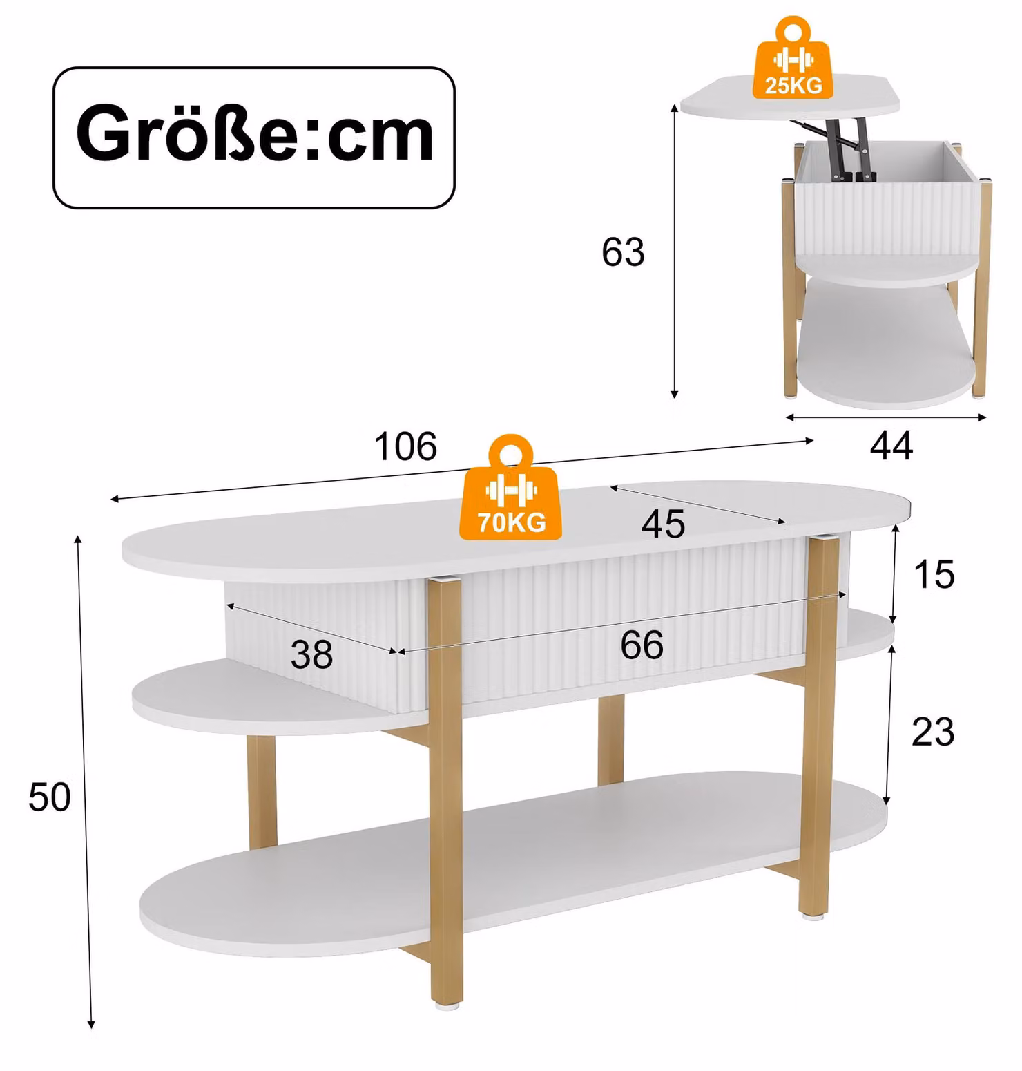 Tavolino da divano - 2 in 1 con piano rialzabile - Scomparto portaoggetti - Altezza 50 cm - Forma ovale - Piano in legno con struttura in metallo - Bianco