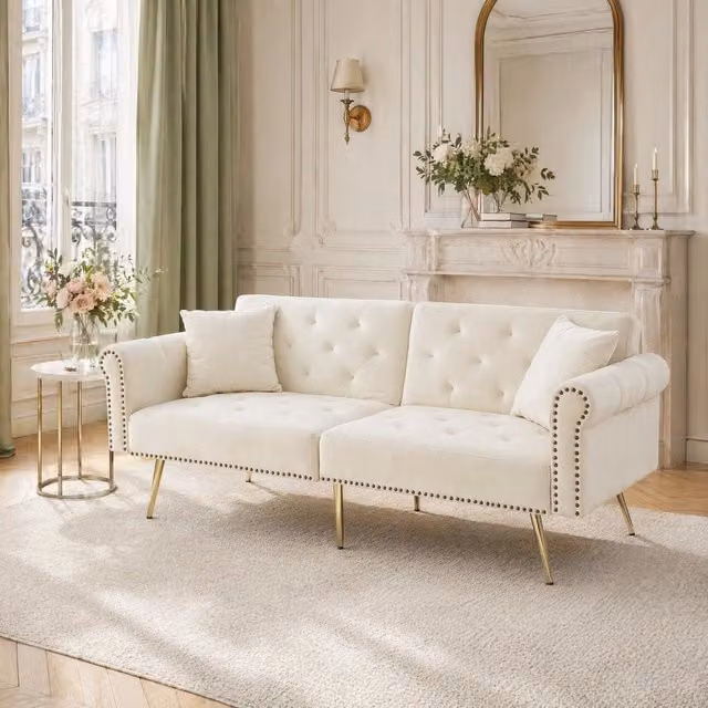 Divano letto 2 posti ULEVR con schienali regolabili in 3 posizioni, superficie letto 147x85 cm, velluto beige