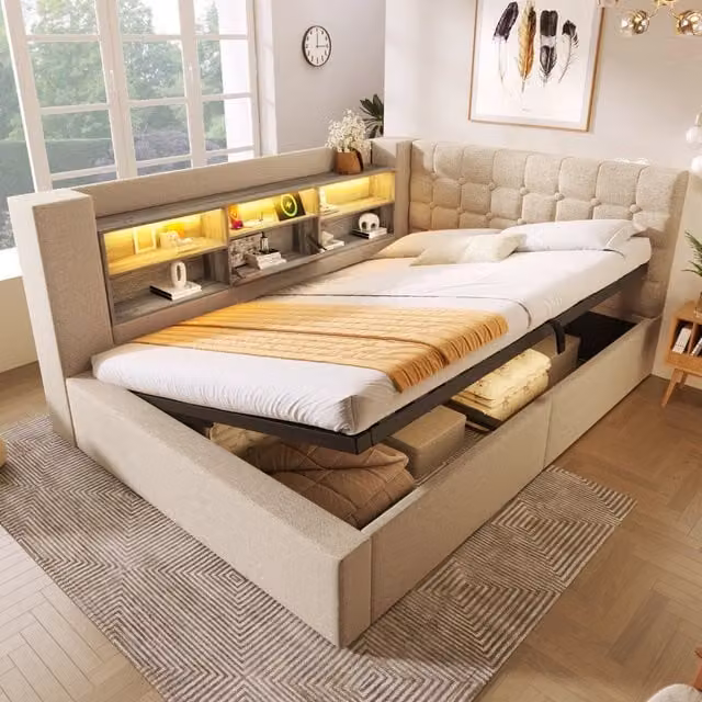 Letto del tronco imbottito 140 x 190 cm; LED; deposito idraulico; testata reversibile a forma di L con deposito; molla a doghe; Lin; beige