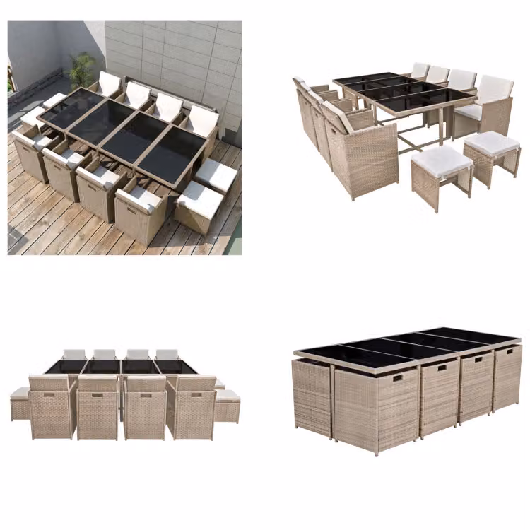 vidaXL Set da pranzo da giardino 13 pezzi con cuscini in rattan beige - Set di mobili da giardino - Set di mobili da giardino - Tavolo e sedie da giardino - Tavoli e sedie da giardino