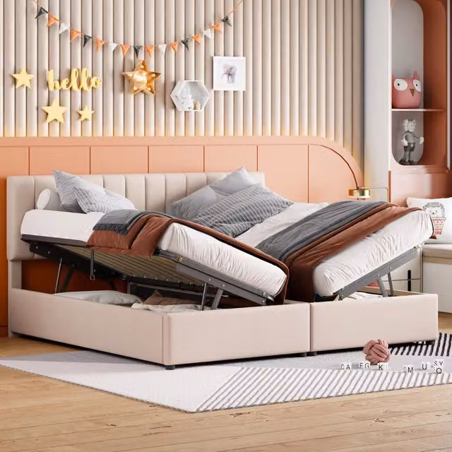 Letto imbottito WISHDOR con contenitore idraulico e testiera regolabile, Beige, L: 180 cm, P: 200 cm, H: 68 cm