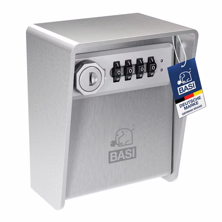 BASI - SSZ 350 - Cassaforte per chiavi in acciaio inox da 3 mm - 2 ganci per chiavi - combinazione a 4 cifre regolabile - 1 chiave di emergenza - per montaggio a parete incl. 2 tasselli - 2101-0015
