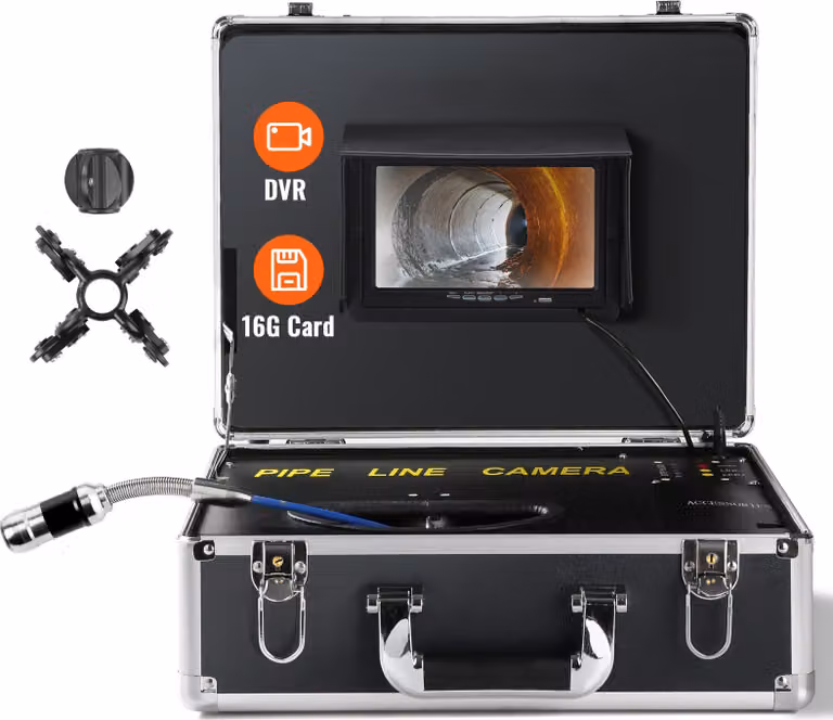 Telecamera per fognature SucceBuy, cavo da 165 ft/50 m, telecamera per l'ispezione di tubi con schermo da 7 pollici, impermeabile IP68, funzione DVR, 12 LED regolabili, scheda SD da 16 GB per lavori in fognature, scarichi e fognature sanitarie