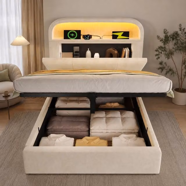 Letto contenitore 90x200 velluto beige, testiera regolabile, LED, USB-C, senza materasso