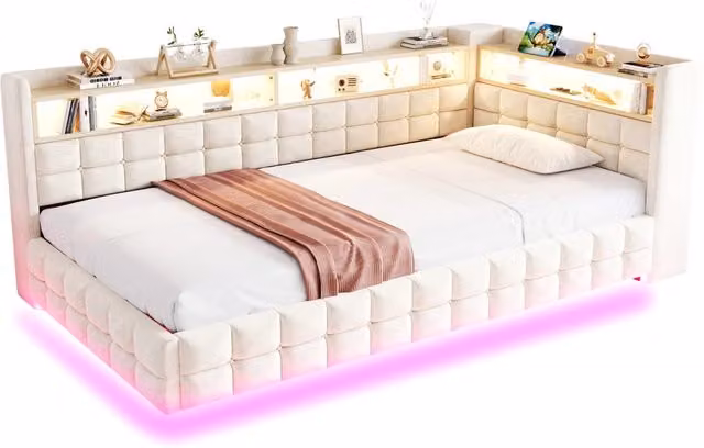 Letto singolo imbottito 90x200 cm con contenitore idraulico; LED e prese; beige