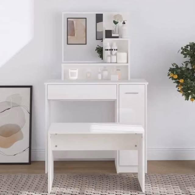 Toeletta con specchio moderna vidaXL in legno bianco lucido L: 86,5 cm, P: 35 cm, H: 136 cm – 1