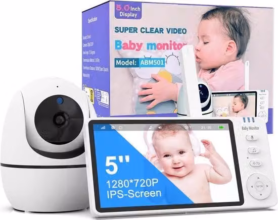 Baby Monitor Video con Schermo da 5 Pollici 720p, Visione Notturna, Comunicazione VOX, Sensore di Temperatura e 8 Canzoni della Ninna Nanna, Batteria Ricaricabile da 3500mAh, Colore Bianco