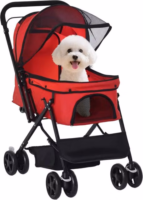 Passeggino per Cani Pieghevole ¨C Xylo ¨C con Manico Reversibile e Finestra a Rete, 76,5x52x95 cm, Rosso