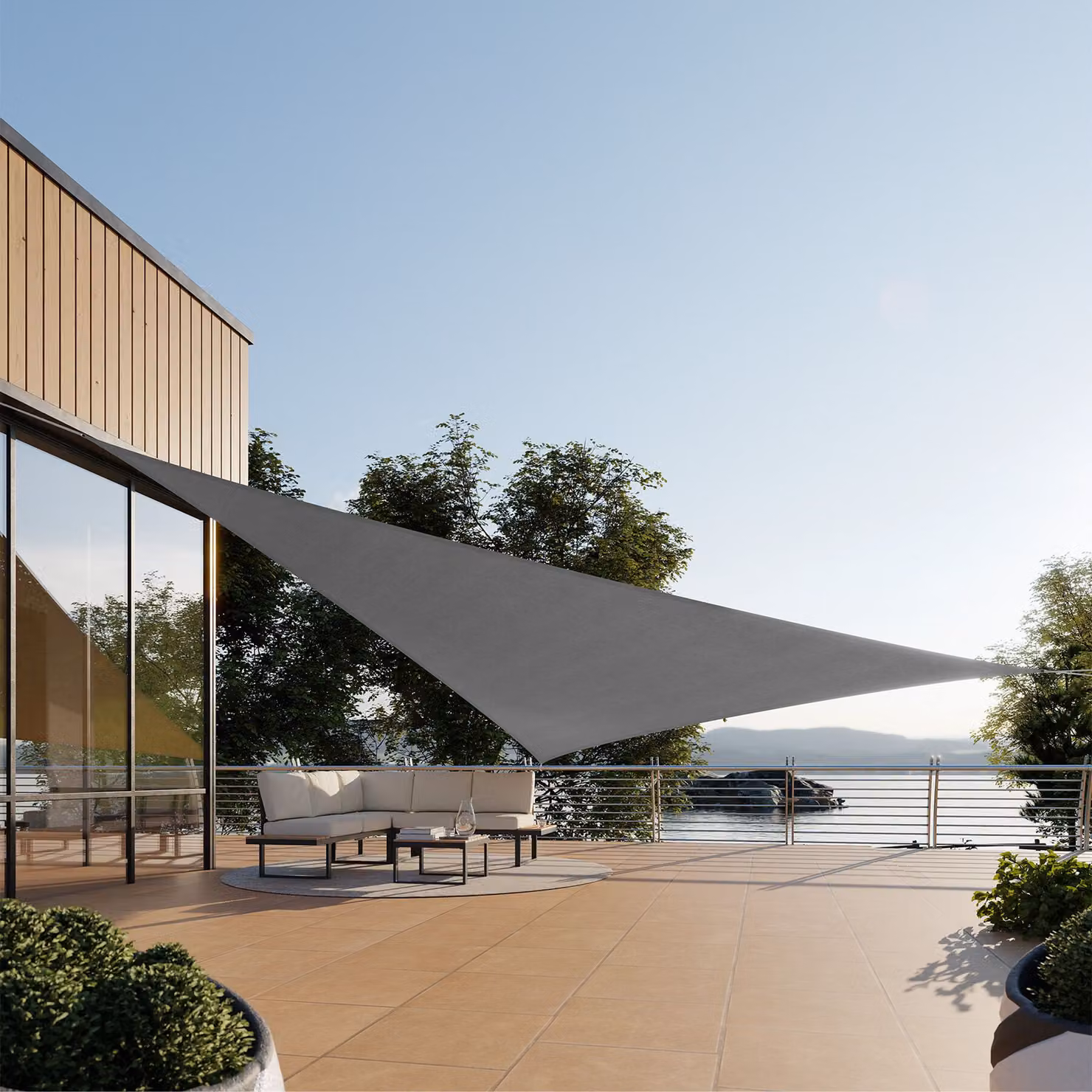 Vela ombreggiante triangolare TecTake GmbH in polietilene HDPE grigio con protezione UPF 50+, L/P/H: 6 x 6 x 6 m – 2