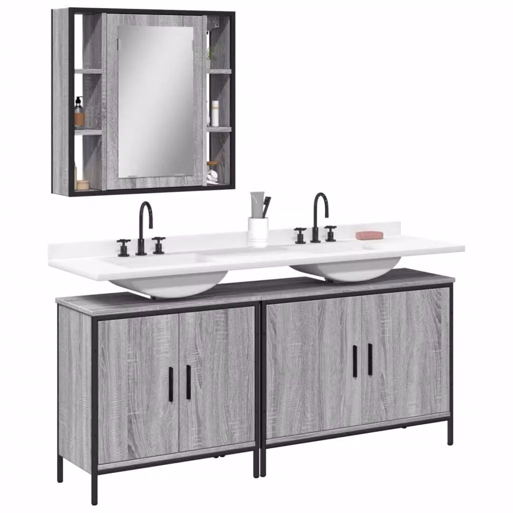 Set di mobili da bagno moderno vidaXL in legno e metallo grigio con armadietto specchio e mobile lavabo