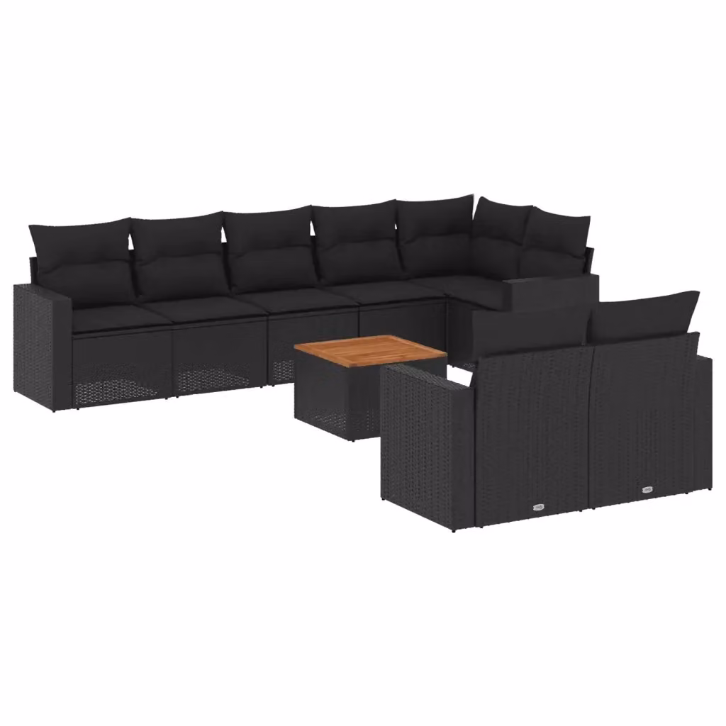 vidaXL Set Divani da Giardino 9 pz a Forma a U in Polyrattan Nero con Cuscini e Tavolino da Esterno – 2