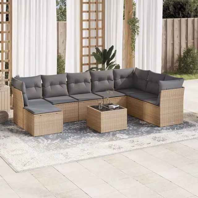 Set Divano da Giardino 9 pz con Cuscini Beige in Polyrattan 3218059