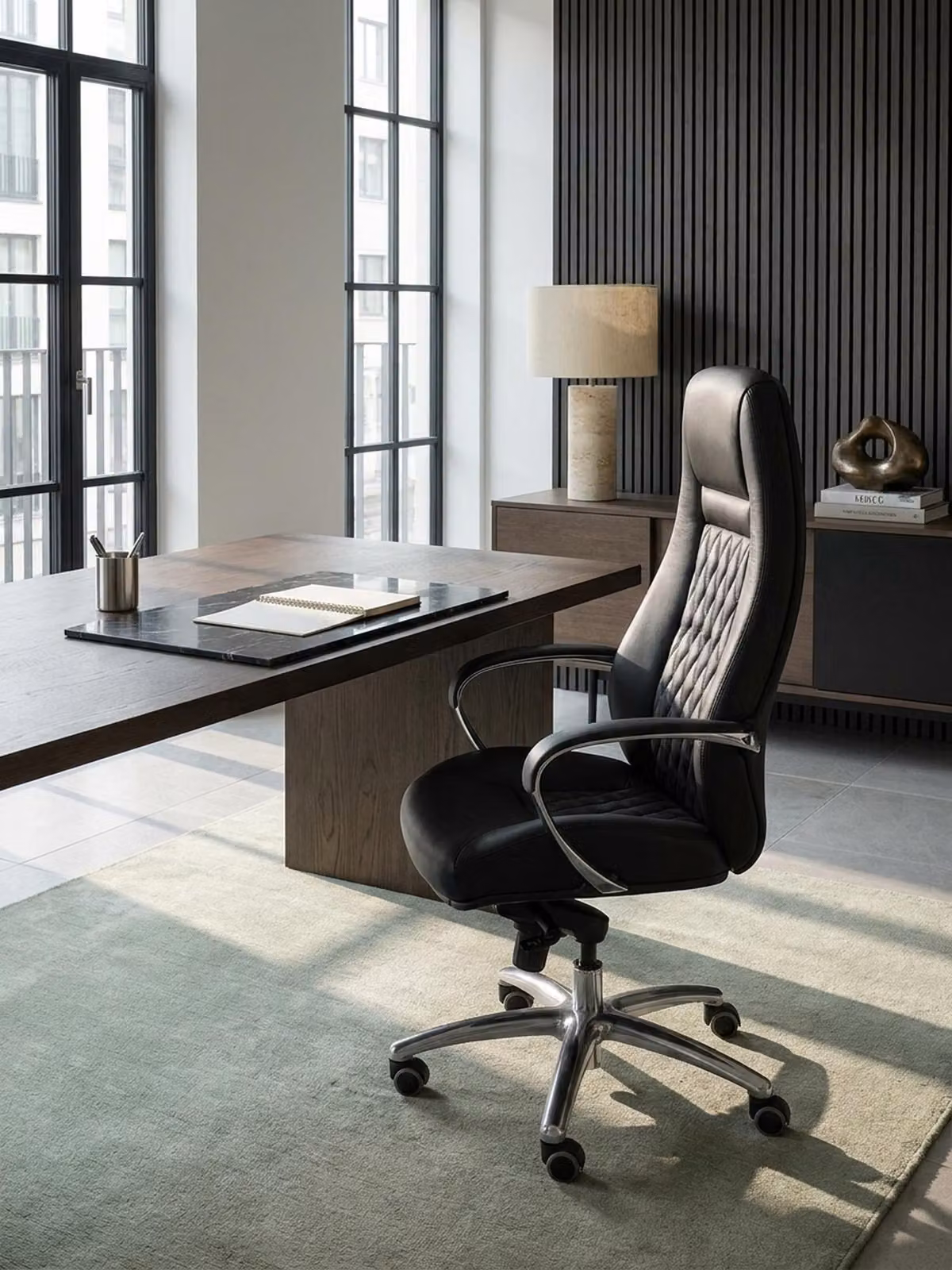 Sedia da ufficio AUSTIN in vera pelle nera Sedia da scrivania 120 kg Poltrona direzionale con schienale alto e poggiatesta X-XL