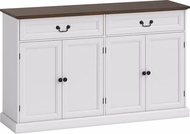 Buffet da cucina e mobile da salotto HOMCOM con 4 ante, 2 cassetti soft-close e ripiani regolabili, Bianco e marrone, L: 140 cm, P: 40 cm, H: 85 cm