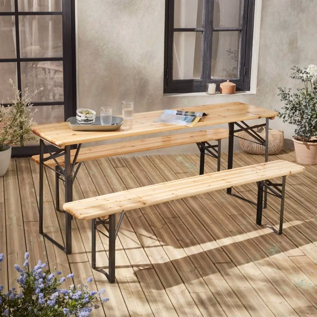 Set tavolo e 2 panche pieghevoli Sweeek in legno e metallo marrone per giardino ed eventi – 2