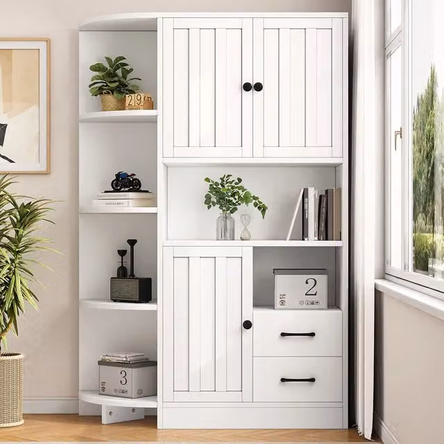 Credenza Angolare Vetrina 104x35x155cm - Xylo - 3 Ante e 2 Cassetti, Bianco
