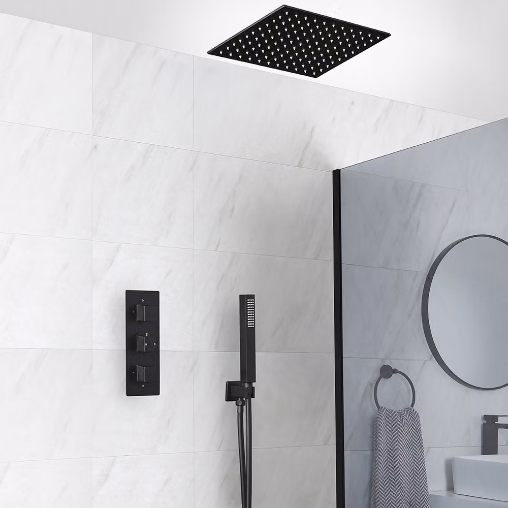 Sistema Doccia Termostatico Nero con Soffione Doccia da Incasso e Doccetta (2 Vie) - Preto