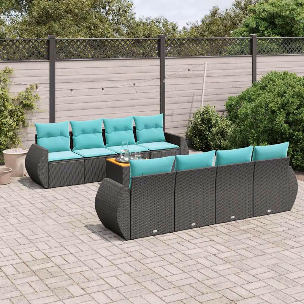 Set di divani da giardino vidaXL 9 pz in polyrattan nero con cuscini e struttura in metallo a forma di U