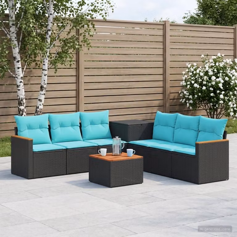 Set di divani da giardino vidaXL a forma di U composto da 8 pezzi, colore nero e blu, in rattan sintetico e acciaio con cuscini inclusi