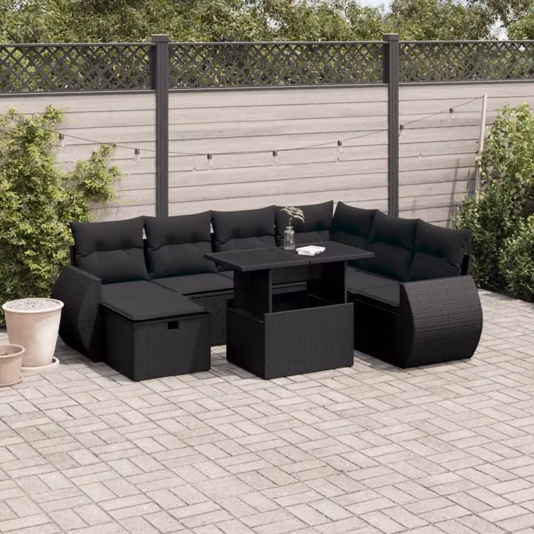 vidaXL Set Divani da Giardino a L in Polyrattan Nero con 8 Pezzi e Cuscini
